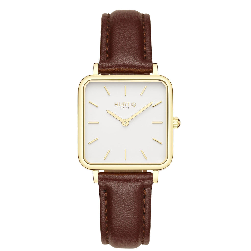 Neliö Square Vegan Leather Gold/White/Chestnut Watch Hurtig Lane Vegan Watches