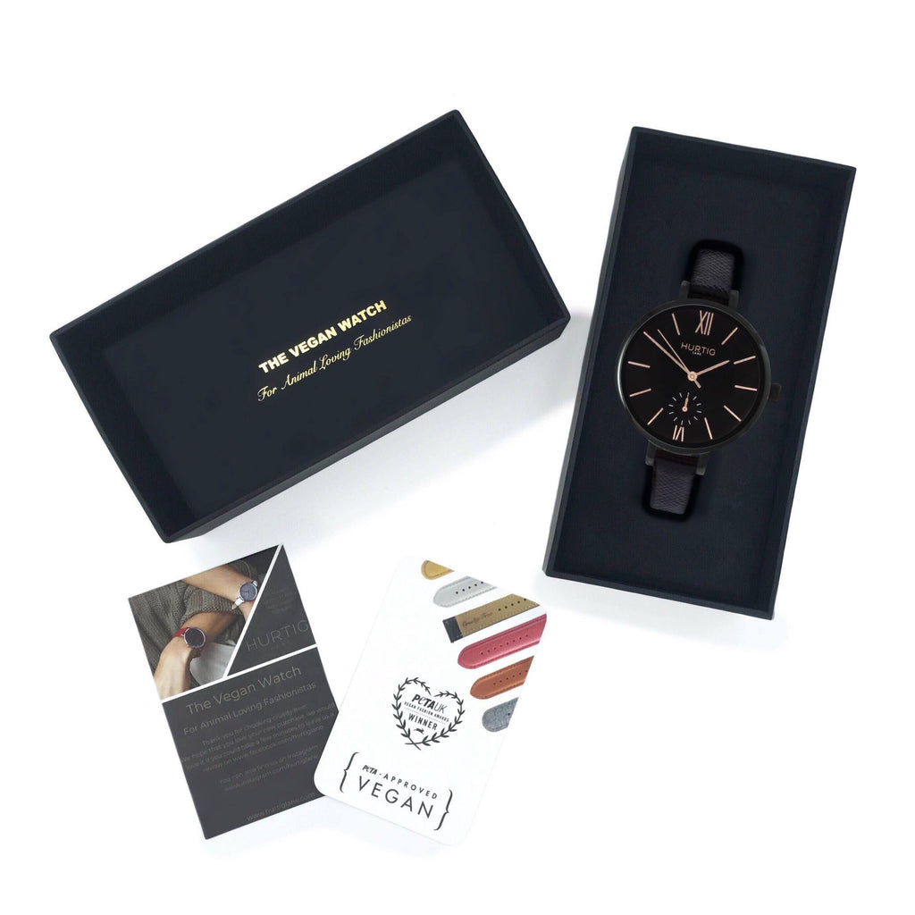 Amalfi Petite Vegan Leather Watch Black, Black & Black - Hurtig Lane - sustainable- vegan-ethical- cruelty free