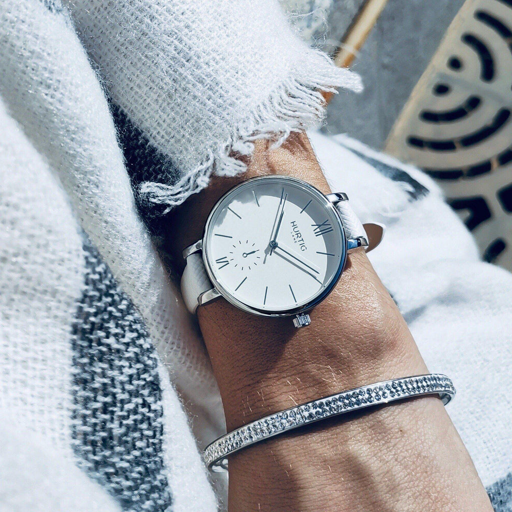 vegane uhr. vegan watch silver, white vegan leather petite women's vegan watch