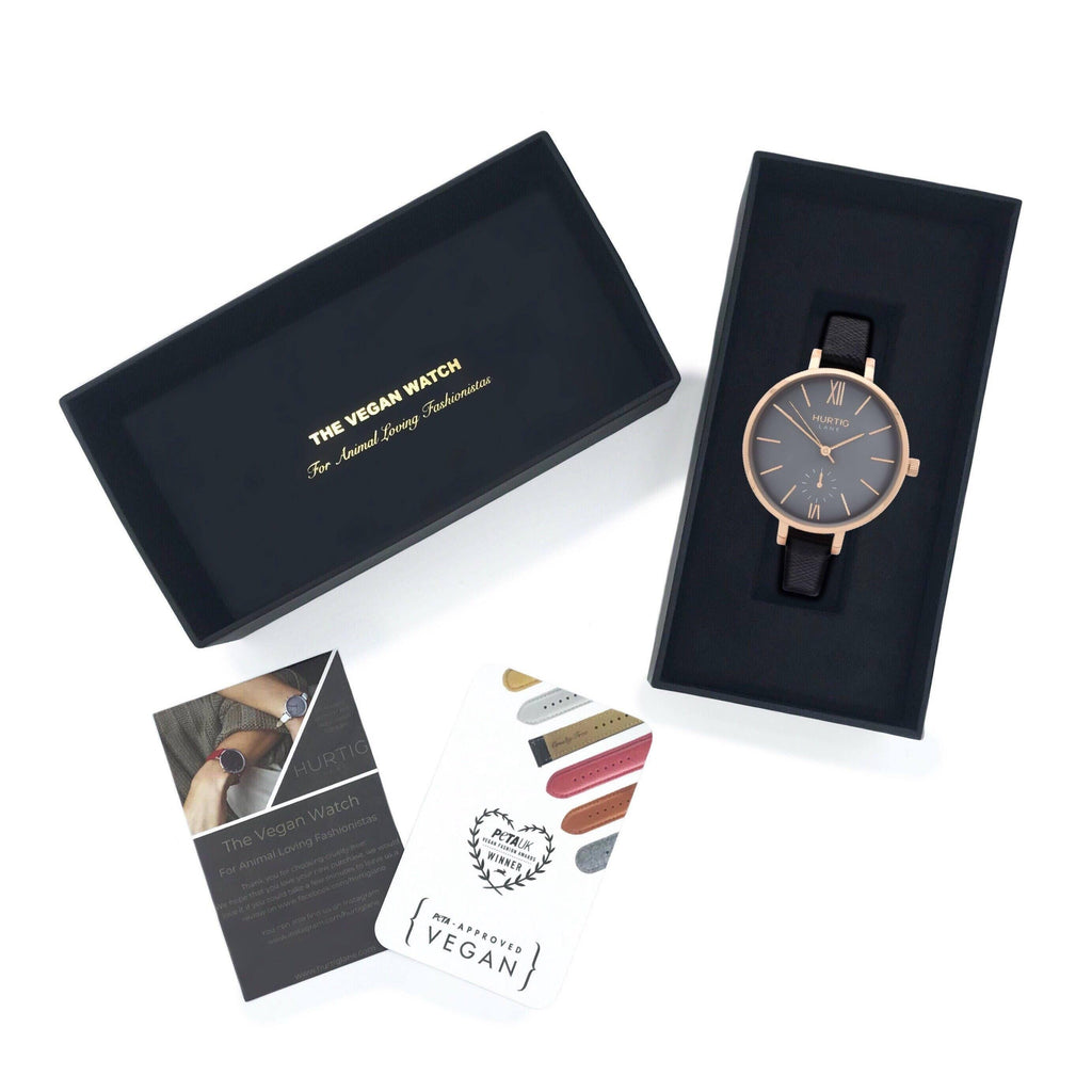 Amalfi Petite Vegan Leather Watch Rose Gold, Grey & Black - Hurtig Lane - sustainable- vegan-ethical- cruelty free