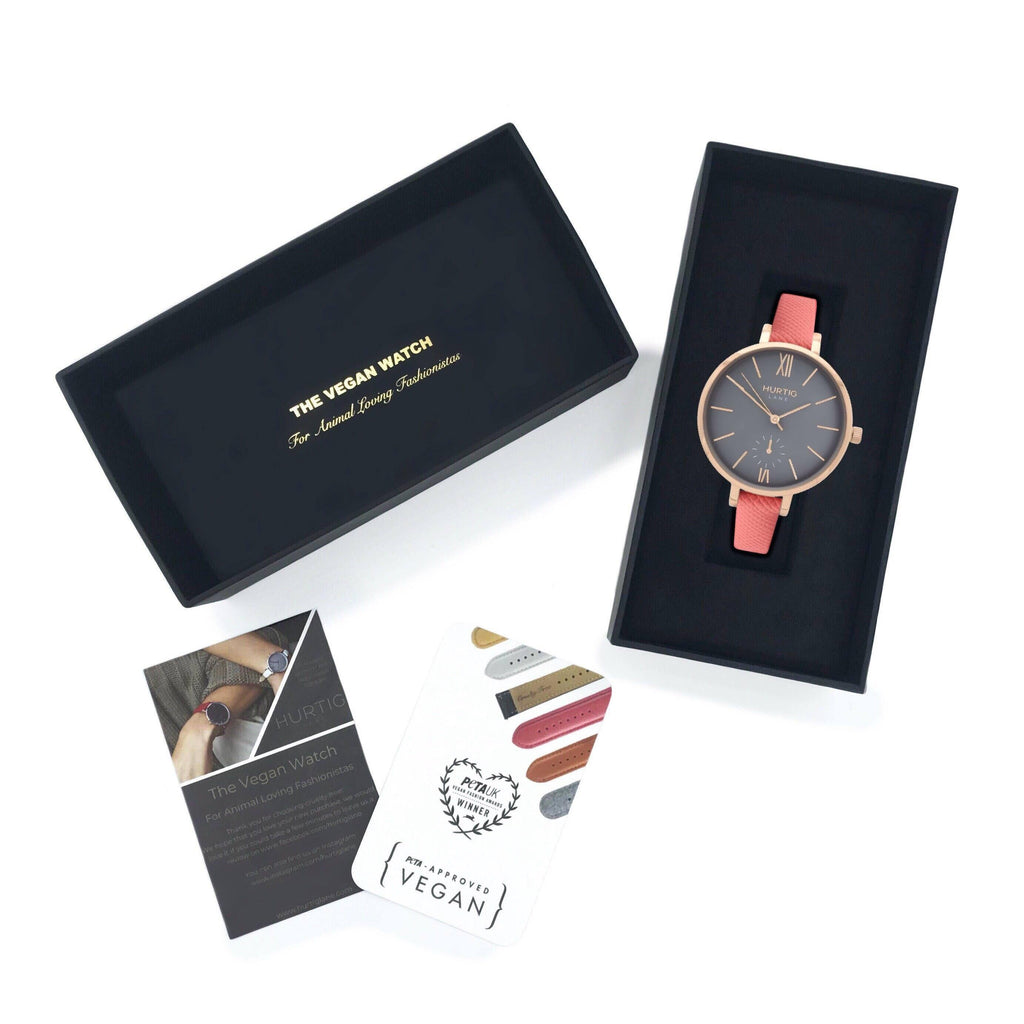 Amalfi Petite Vegan Leather Watch Rose Gold, Grey & Coral - Hurtig Lane - sustainable- vegan-ethical- cruelty free