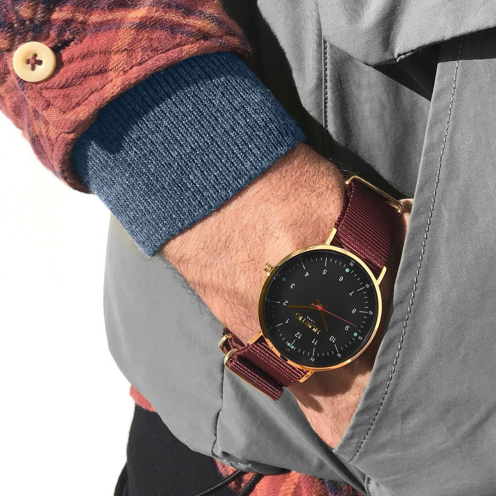 men's vegan nylon nato watch gold, black and maroon