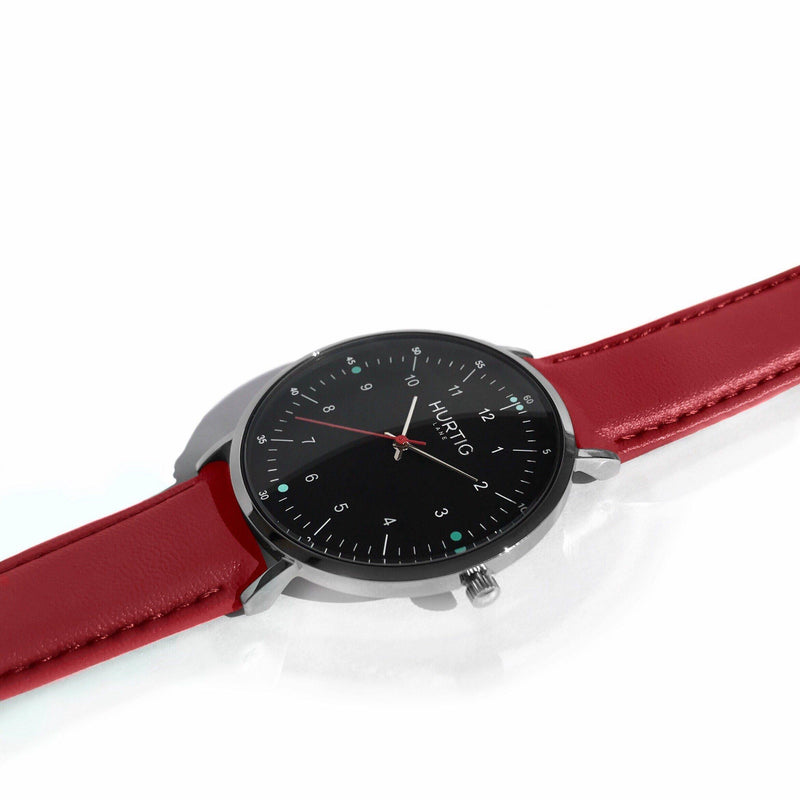 hurtig lane vegan leather watch silver,  black & red vegane uhren