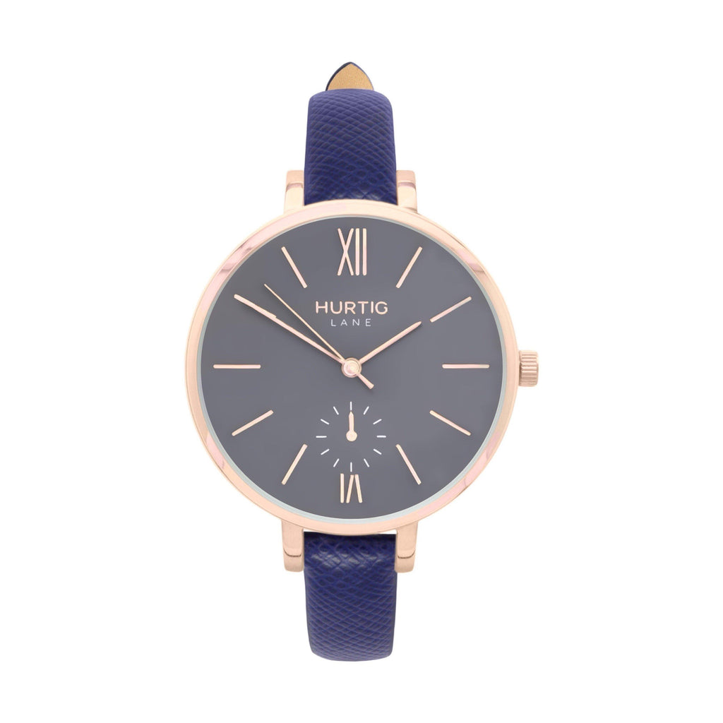 Amalfi Petite Vegan Leather Watch Rose Gold, Grey & Marine Blue - Hurtig Lane - sustainable- vegan-ethical- cruelty free