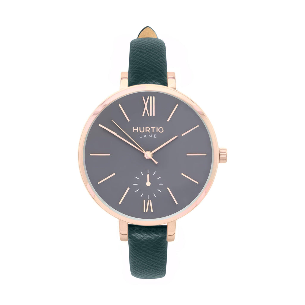 Amalfi Petite Vegan Leather Watch Rose Gold, Grey & Forest Green - Hurtig Lane - sustainable- vegan-ethical- cruelty free