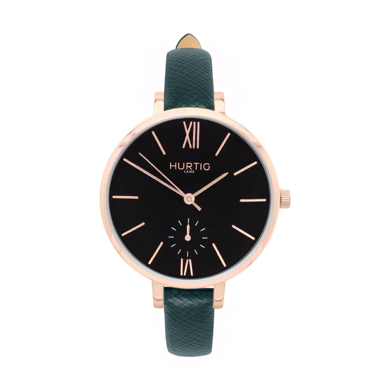 vegan leather women's vegan watch. Rose gold, black and green