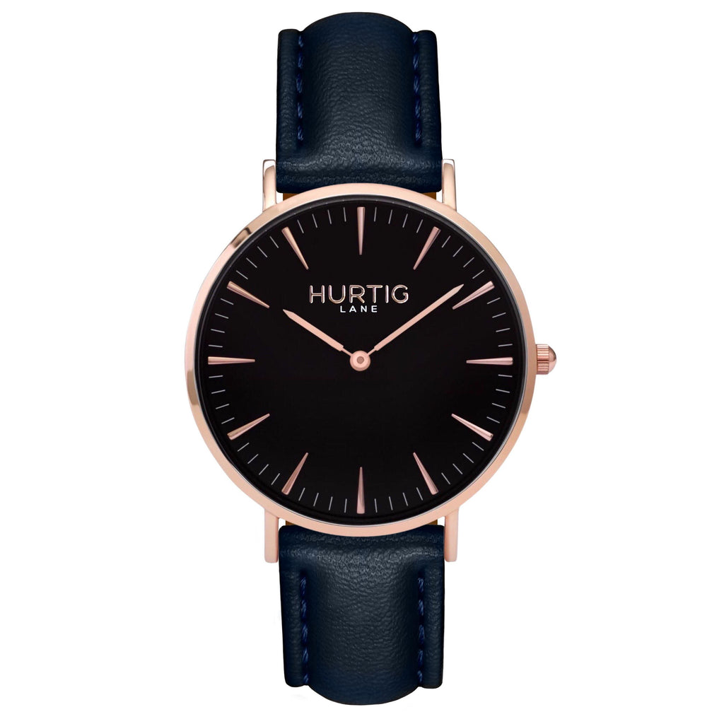 Mykonos Vegan Leather Watch Rose Gold, Black & Midnight Blue - Hurtig Lane - sustainable- vegan-ethical- cruelty free