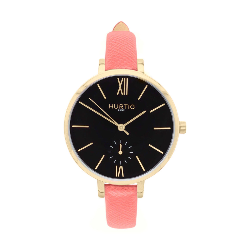 Amalfi Petite Vegan Leather Watch Gold, Black & Coral Watch Hurtig Lane Vegan Watches