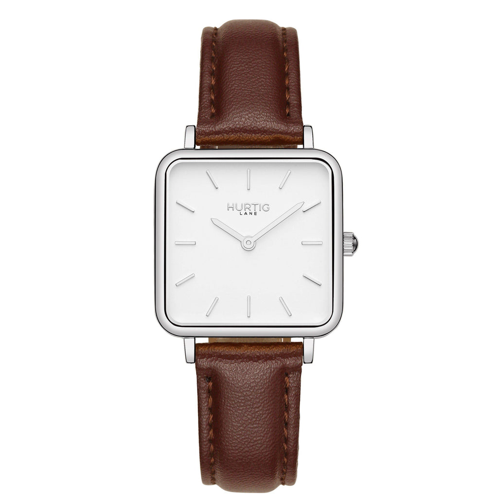 Neliö Square Vegan Leather Silver/White/Chestnut Watch Hurtig Lane Vegan Watches